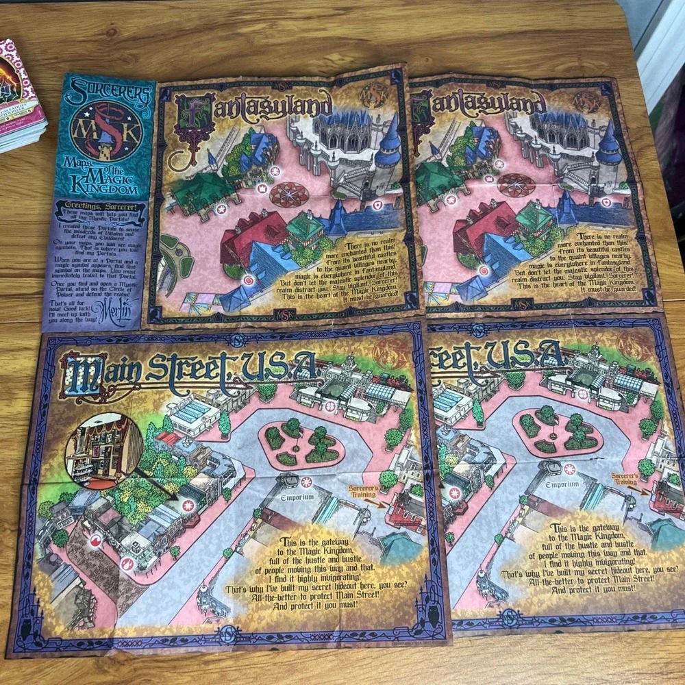 Disney Sorcerers of the Magic Kingdom 59 Card Lot Maps Coins Game Rules Board